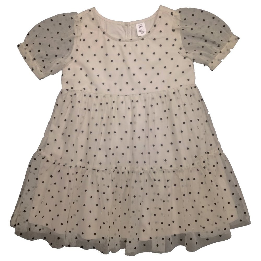 Gap Light Tan Tulle Dress With Black Polka Dots And Puff Sleeves Size US 3Y